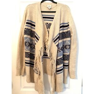 St. John's Bay XL Cream Navy Long Asymmetrical Hem Open Front Cardigan Sweater